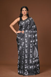 Blended Silk Kantha Stitch Saree Black