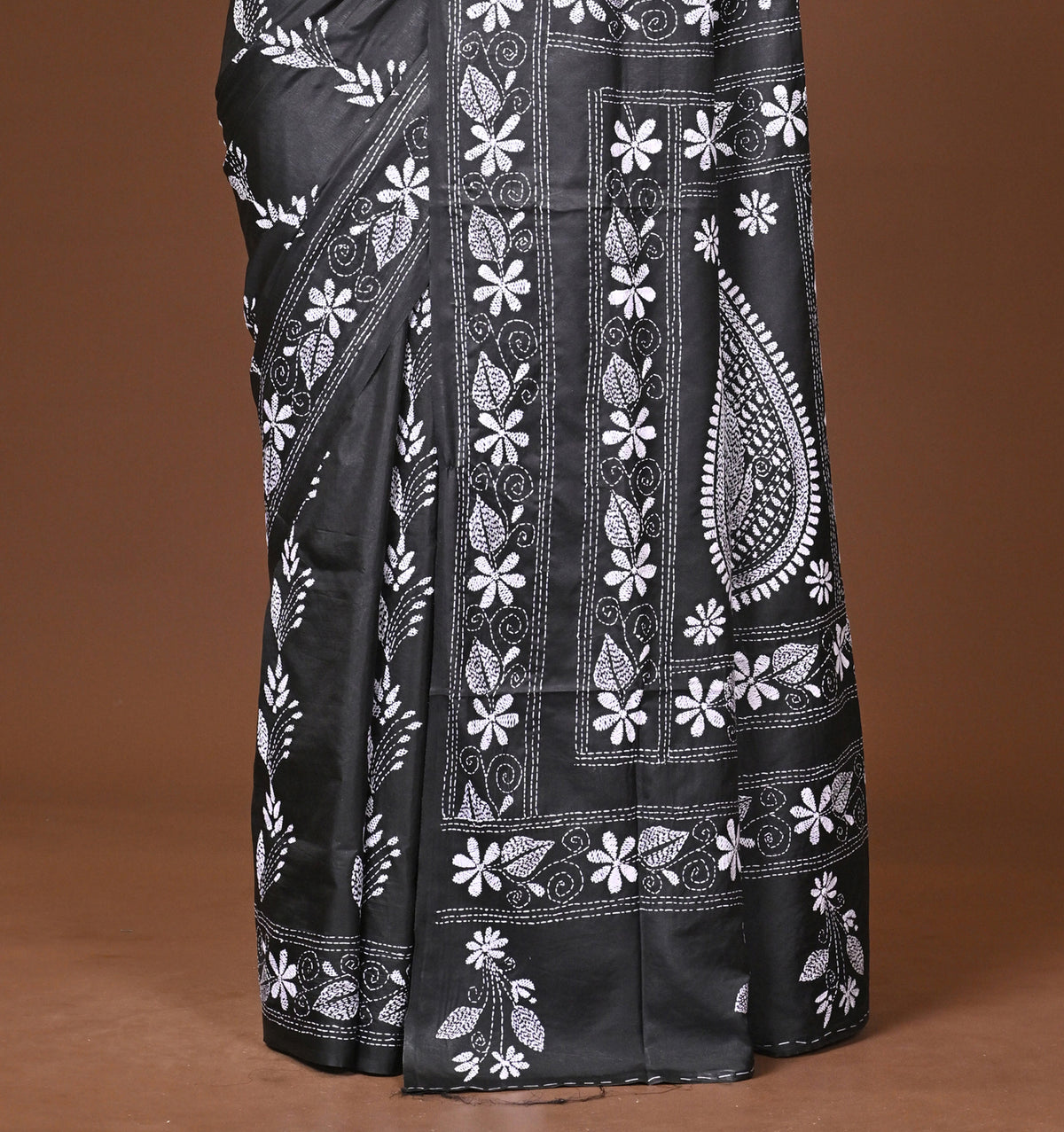 Blended Silk Kantha Stitch Saree Black
