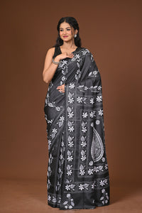 Blended Silk Kantha Stitch Saree Black