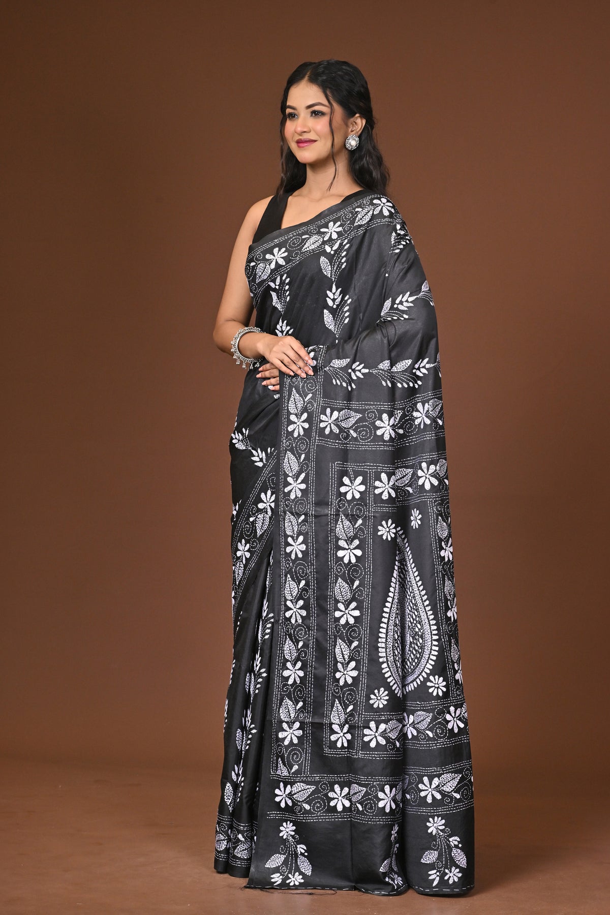 Blended Silk Kantha Stitch Saree Black