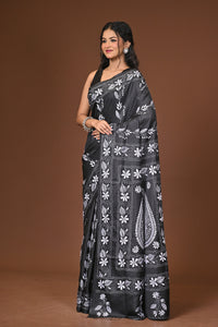 Blended Silk Kantha Stitch Saree Black