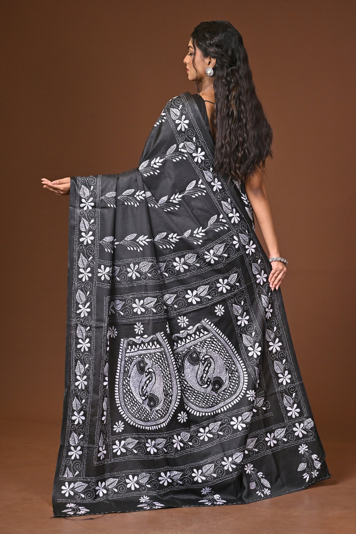 Blended Silk Kantha Stitch Saree Black