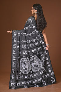 Blended Silk Kantha Stitch Saree Black
