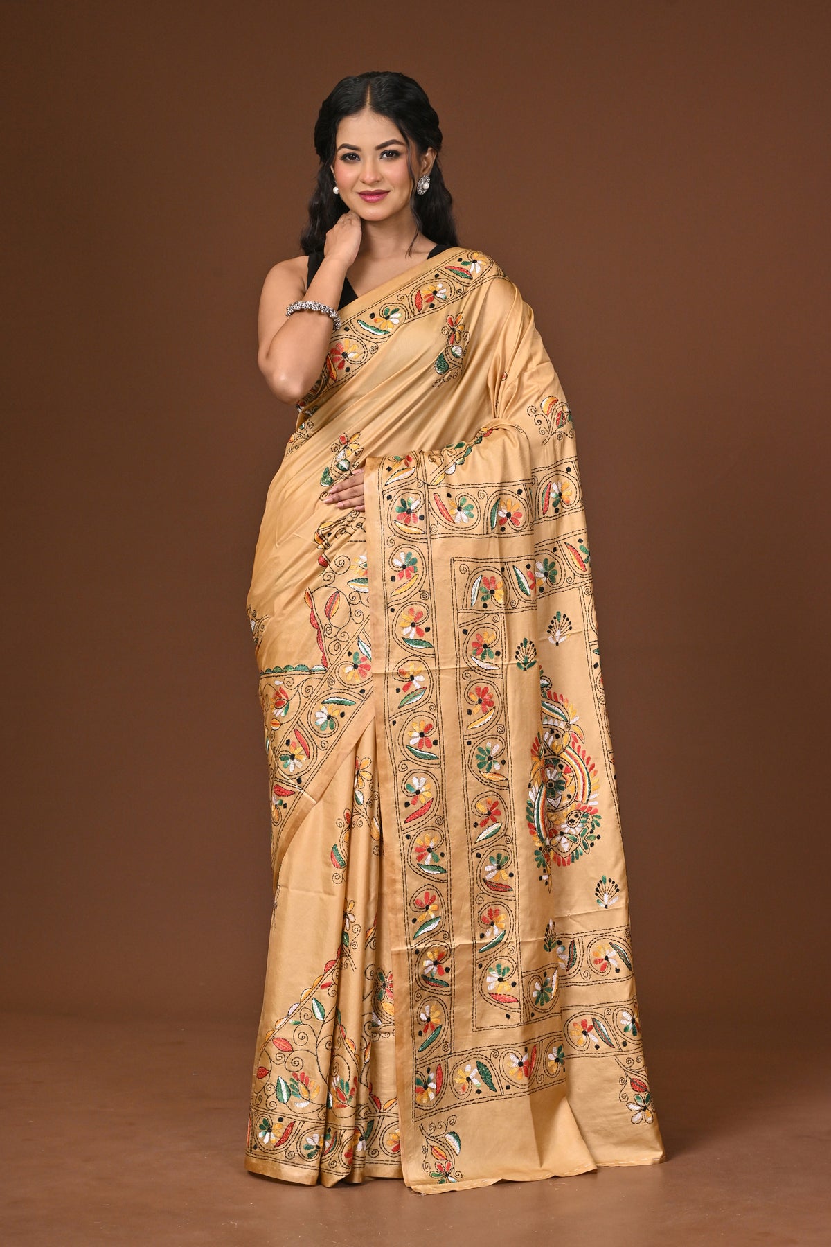 Blended Silk Kantha Stitch Saree Beige