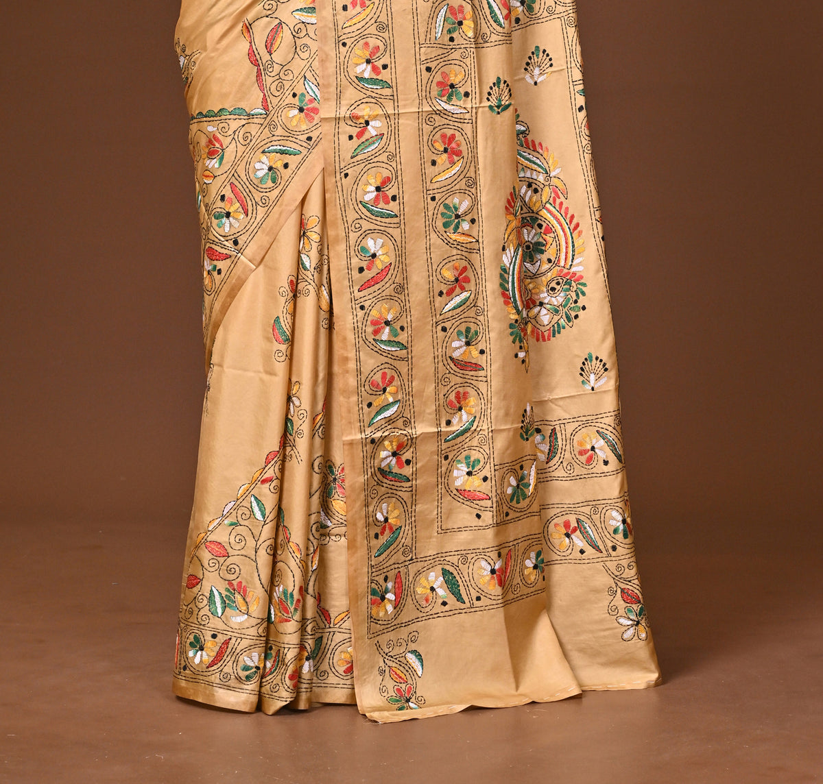 Blended Silk Kantha Stitch Saree Beige