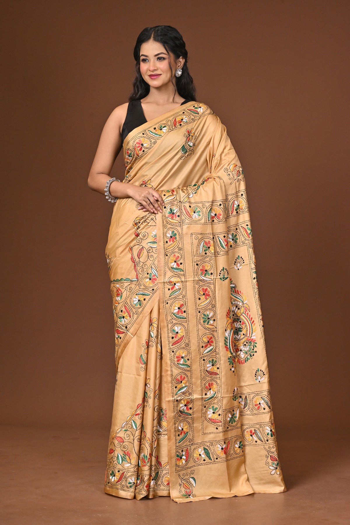Blended Silk Kantha Stitch Saree Beige