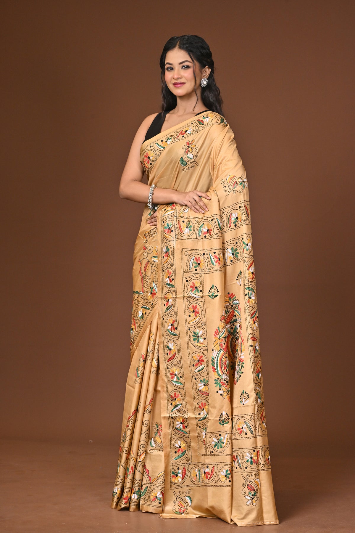 Blended Silk Kantha Stitch Saree Beige
