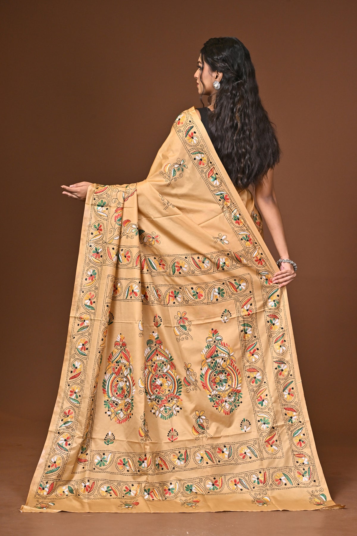 Blended Silk Kantha Stitch Saree Beige