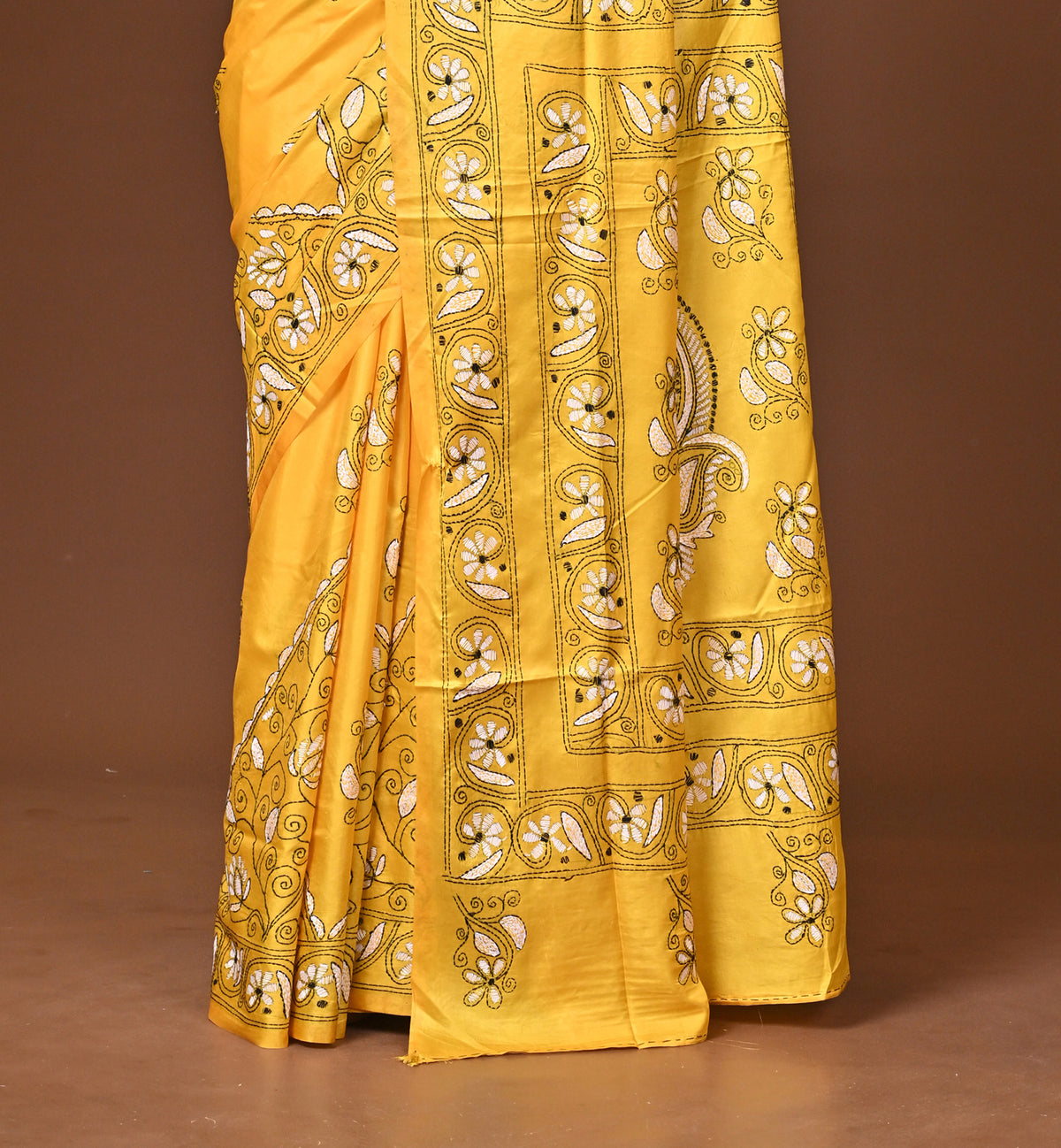 Blended Silk Kantha Stitch Saree Yellow