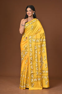 Blended Silk Kantha Stitch Saree Yellow