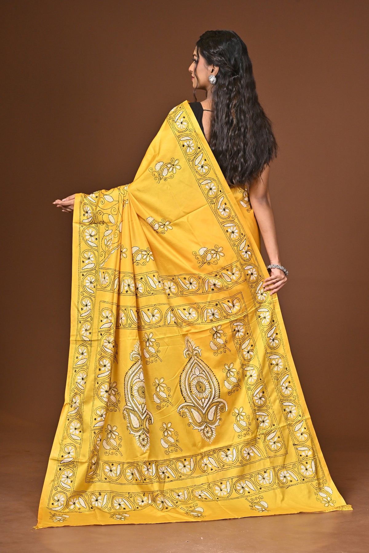 Blended Silk Kantha Stitch Saree Yellow