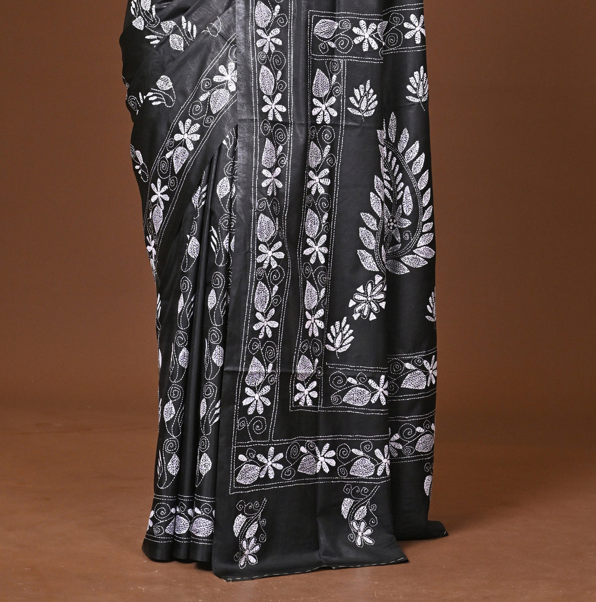 Blended Silk Kantha Stitch Saree Black