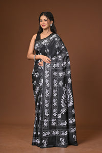 Blended Silk Kantha Stitch Saree Black
