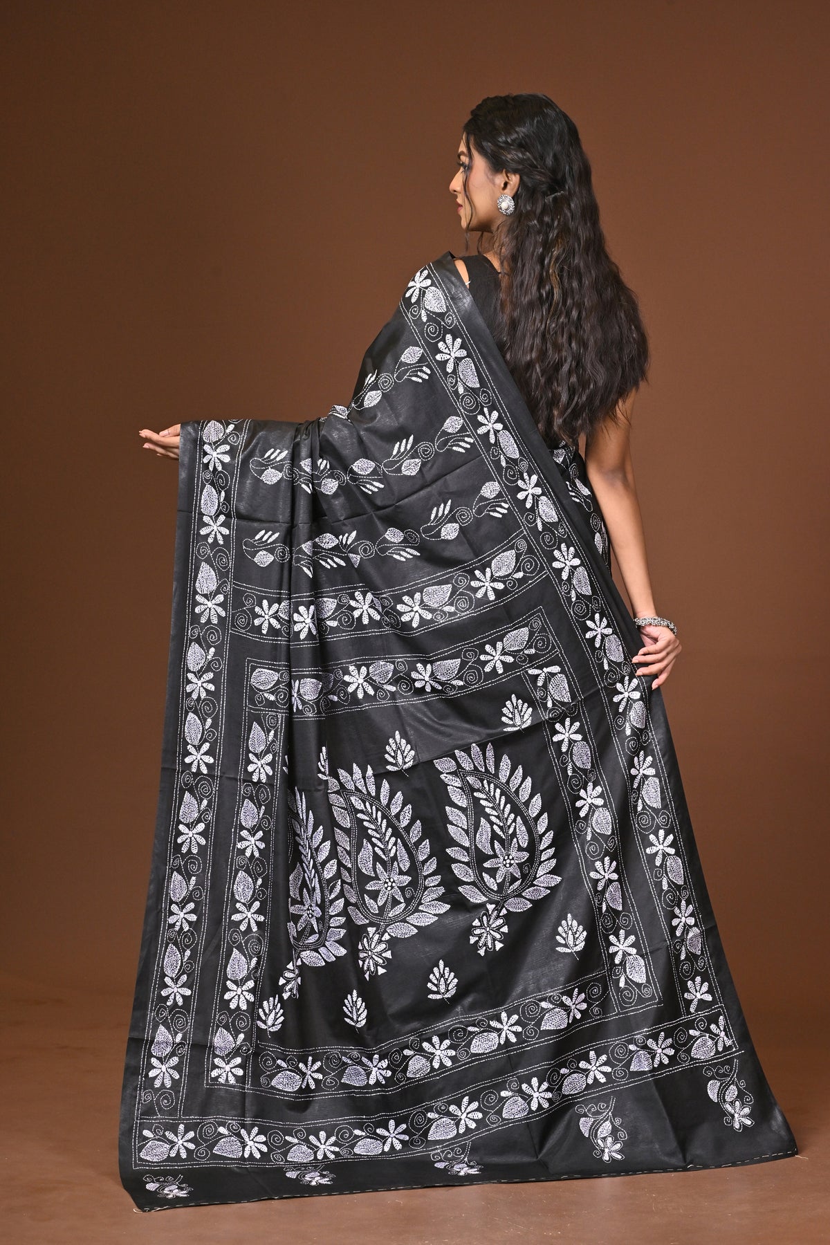 Blended Silk Kantha Stitch Saree Black