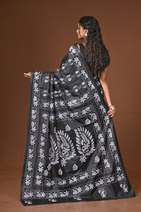 Blended Silk Kantha Stitch Saree Black