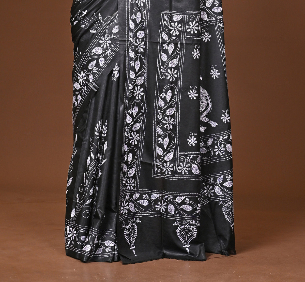 Blended Silk Kantha Stitch Saree Black