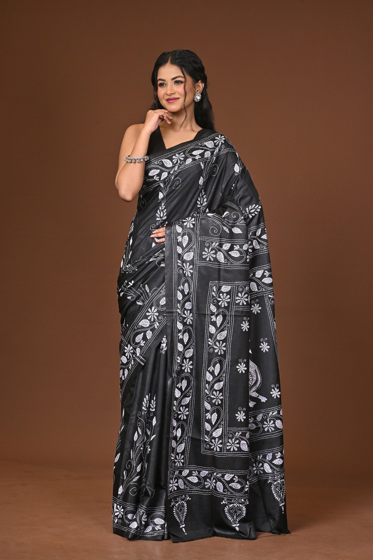 Blended Silk Kantha Stitch Saree Black