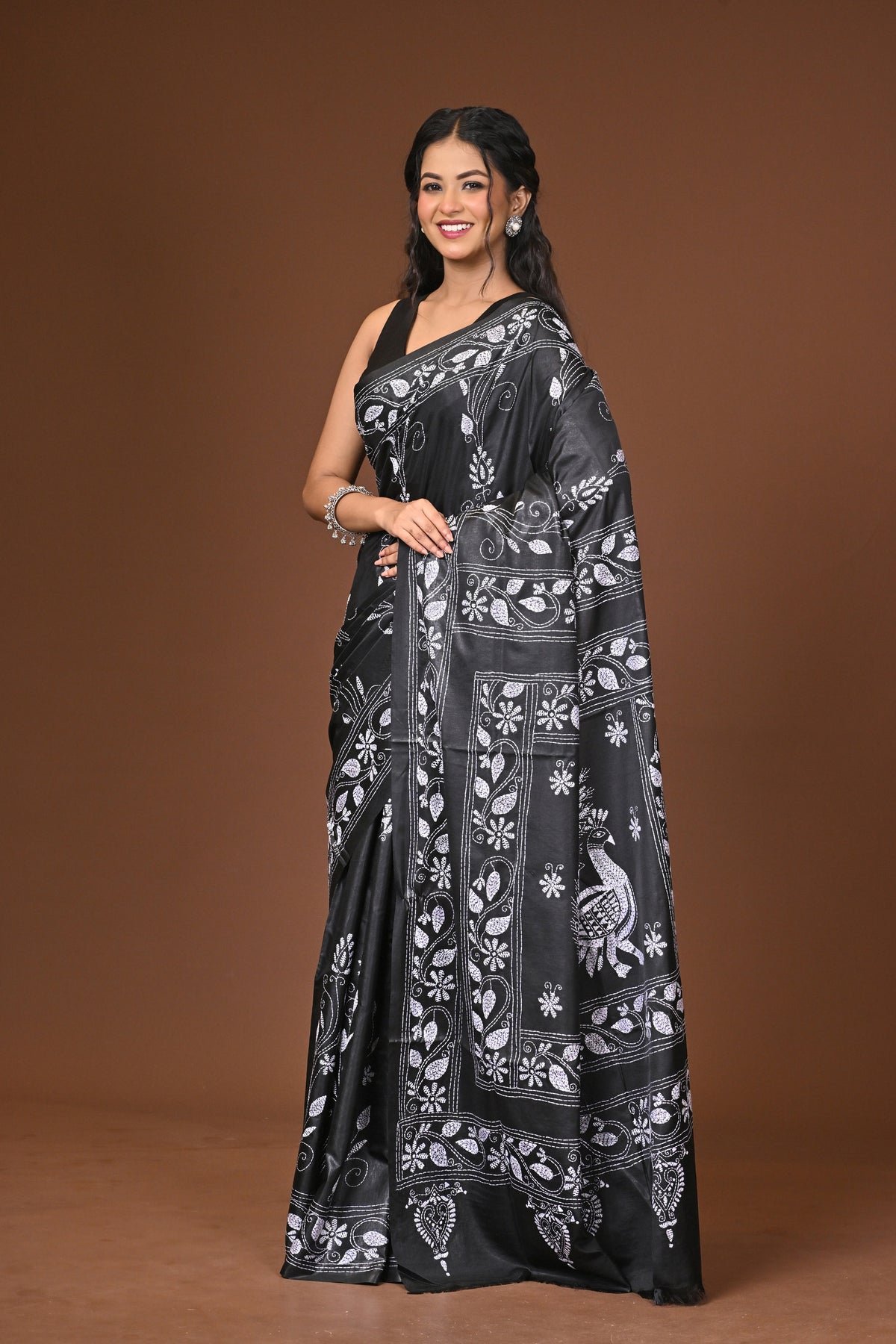 Blended Silk Kantha Stitch Saree Black