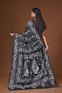 Blended Silk Kantha Stitch Saree Black