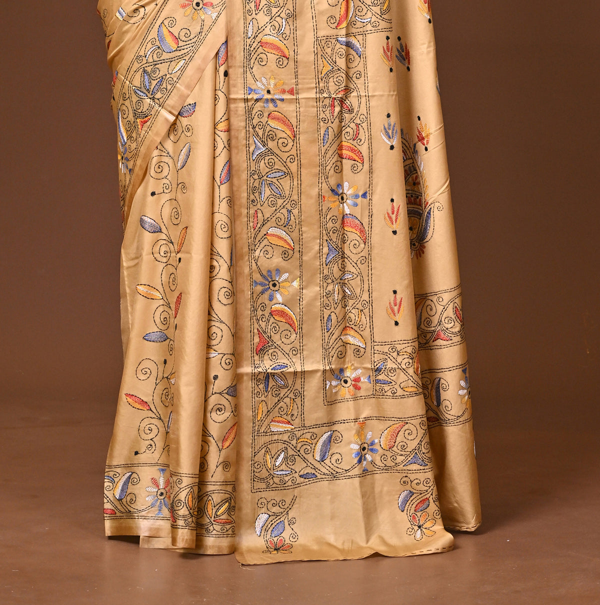 Blended Silk Kantha Stitch Saree Beige