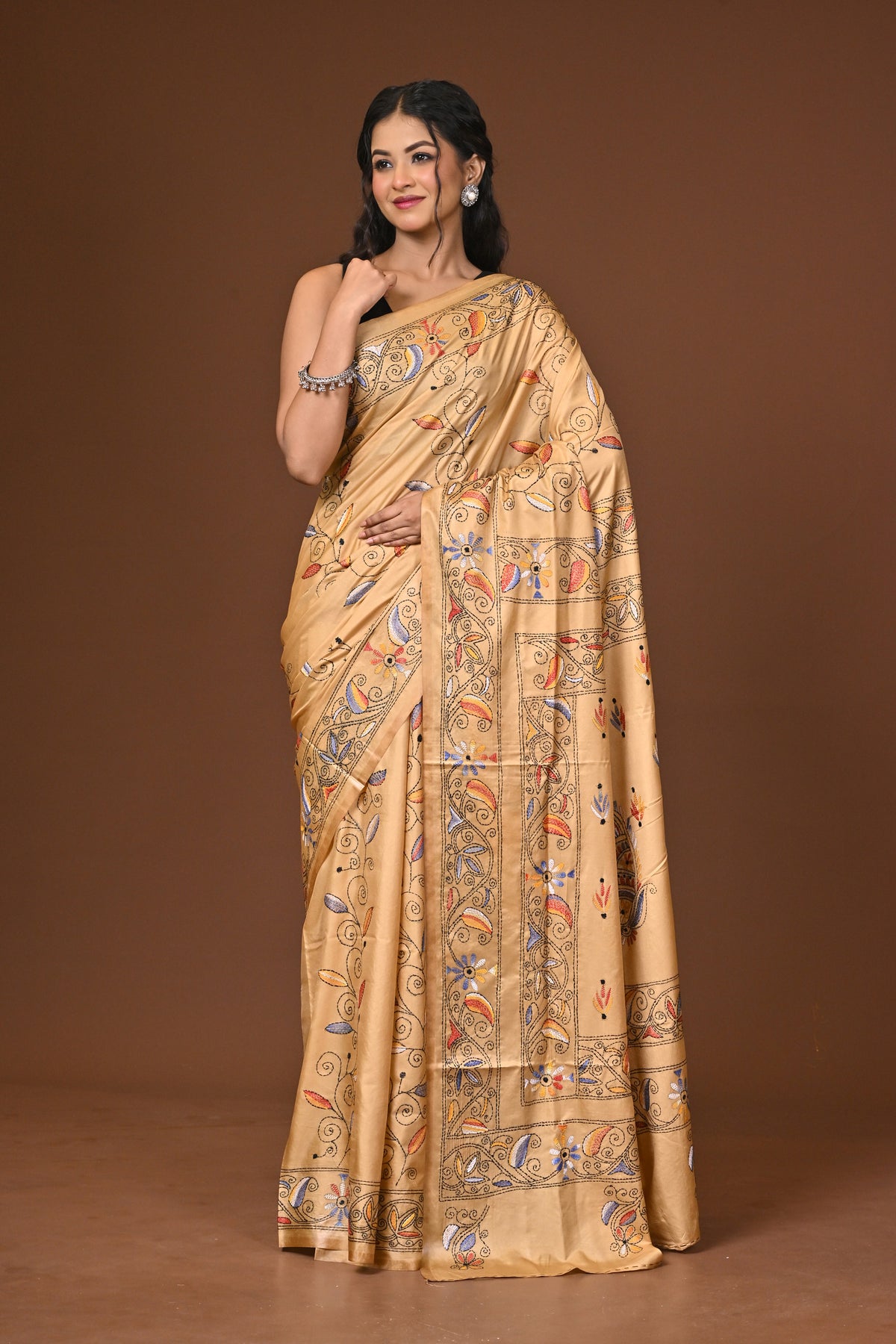Blended Silk Kantha Stitch Saree Beige