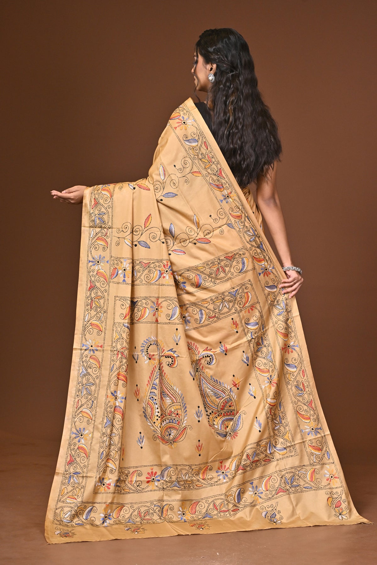 Blended Silk Kantha Stitch Saree Beige