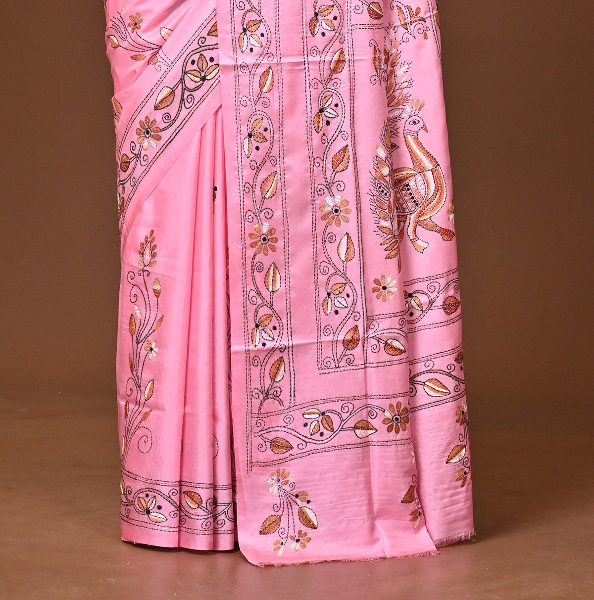 Blended Silk Kantha Stitch Saree Light Pink