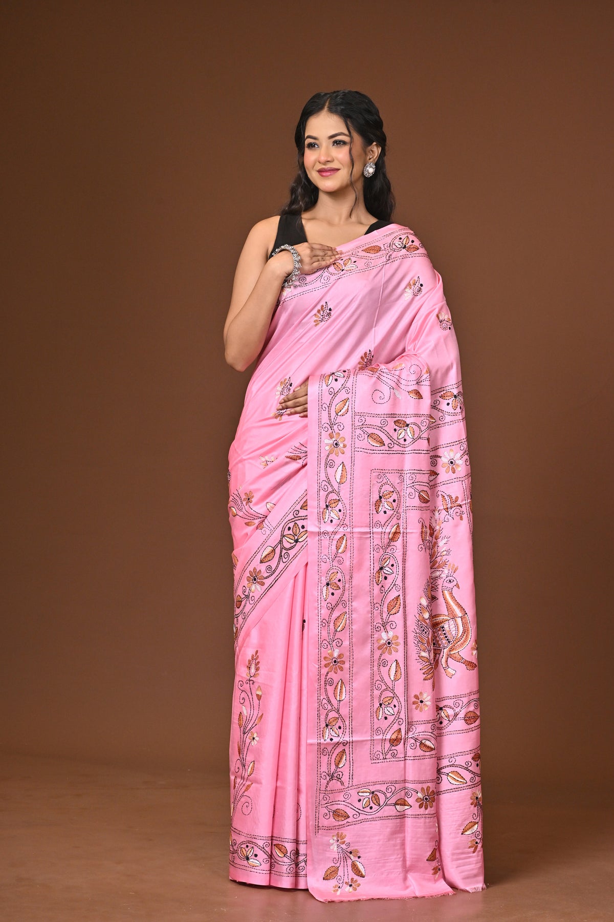 Blended Silk Kantha Stitch Saree Light Pink