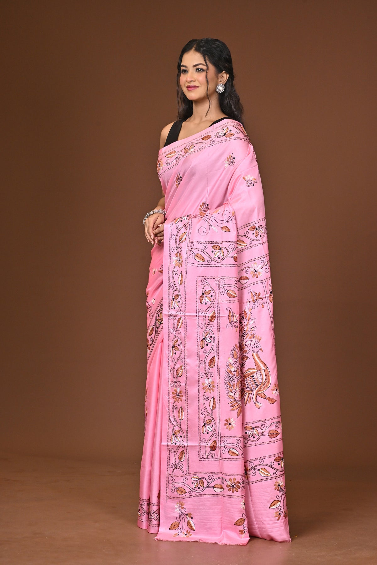 Blended Silk Kantha Stitch Saree Light Pink
