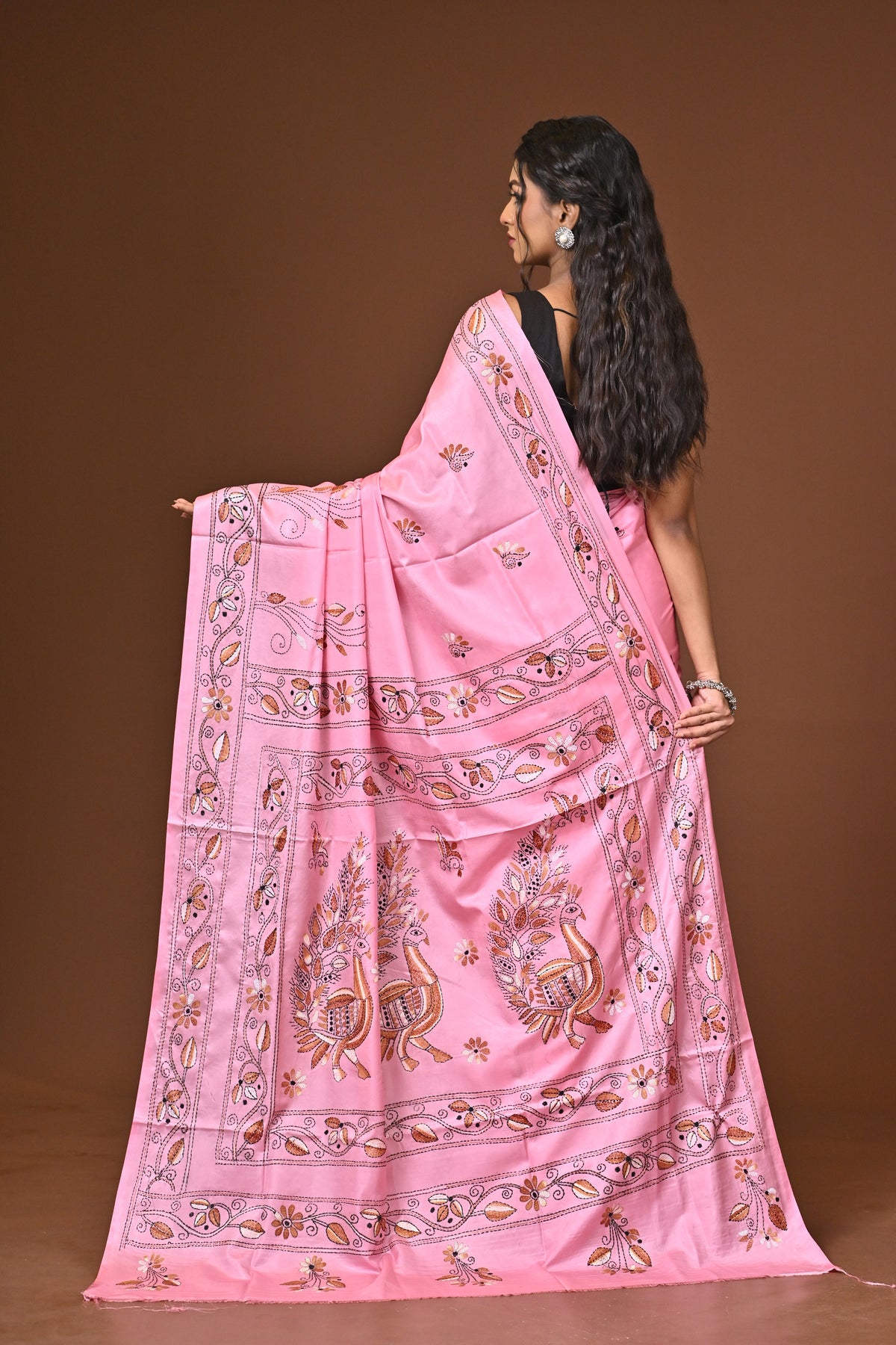 Blended Silk Kantha Stitch Saree Light Pink