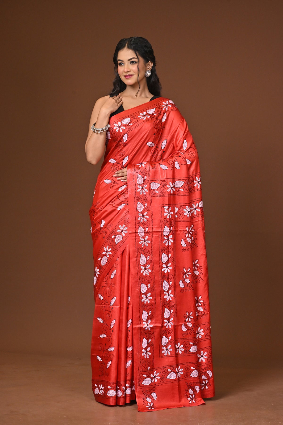 Blended Silk Kantha Stitch Saree Red