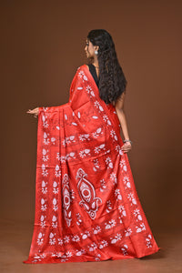 Blended Silk Kantha Stitch Saree Red