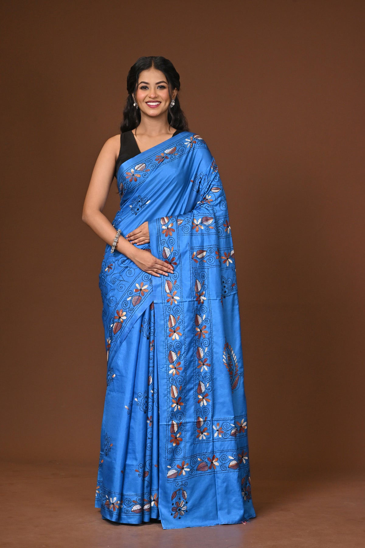 Blended Silk Kantha Stitch Saree Blue
