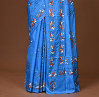 Blended Silk Kantha Stitch Saree Blue