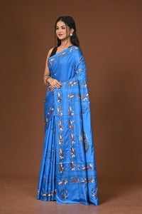 Blended Silk Kantha Stitch Saree Blue