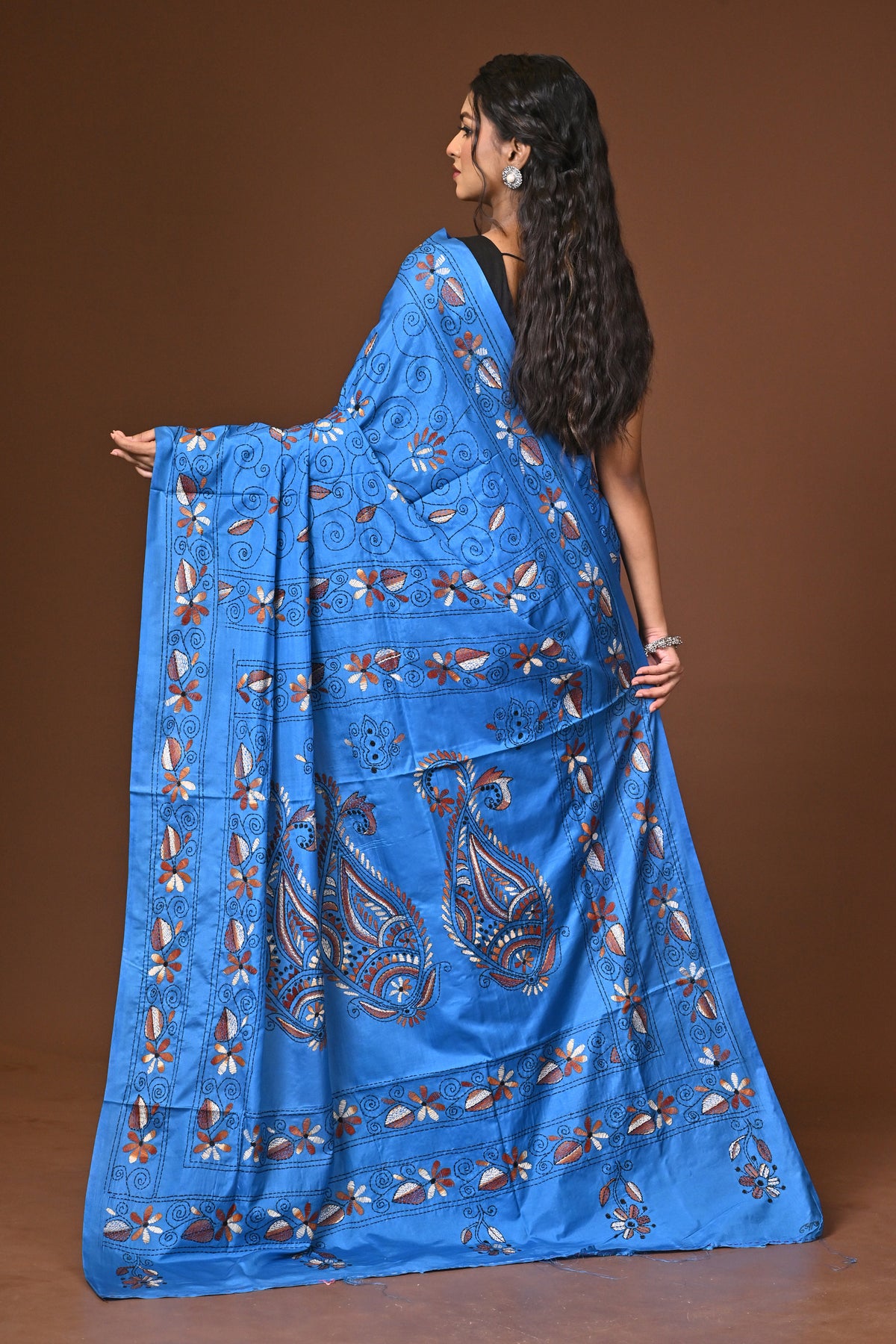 Blended Silk Kantha Stitch Saree Blue