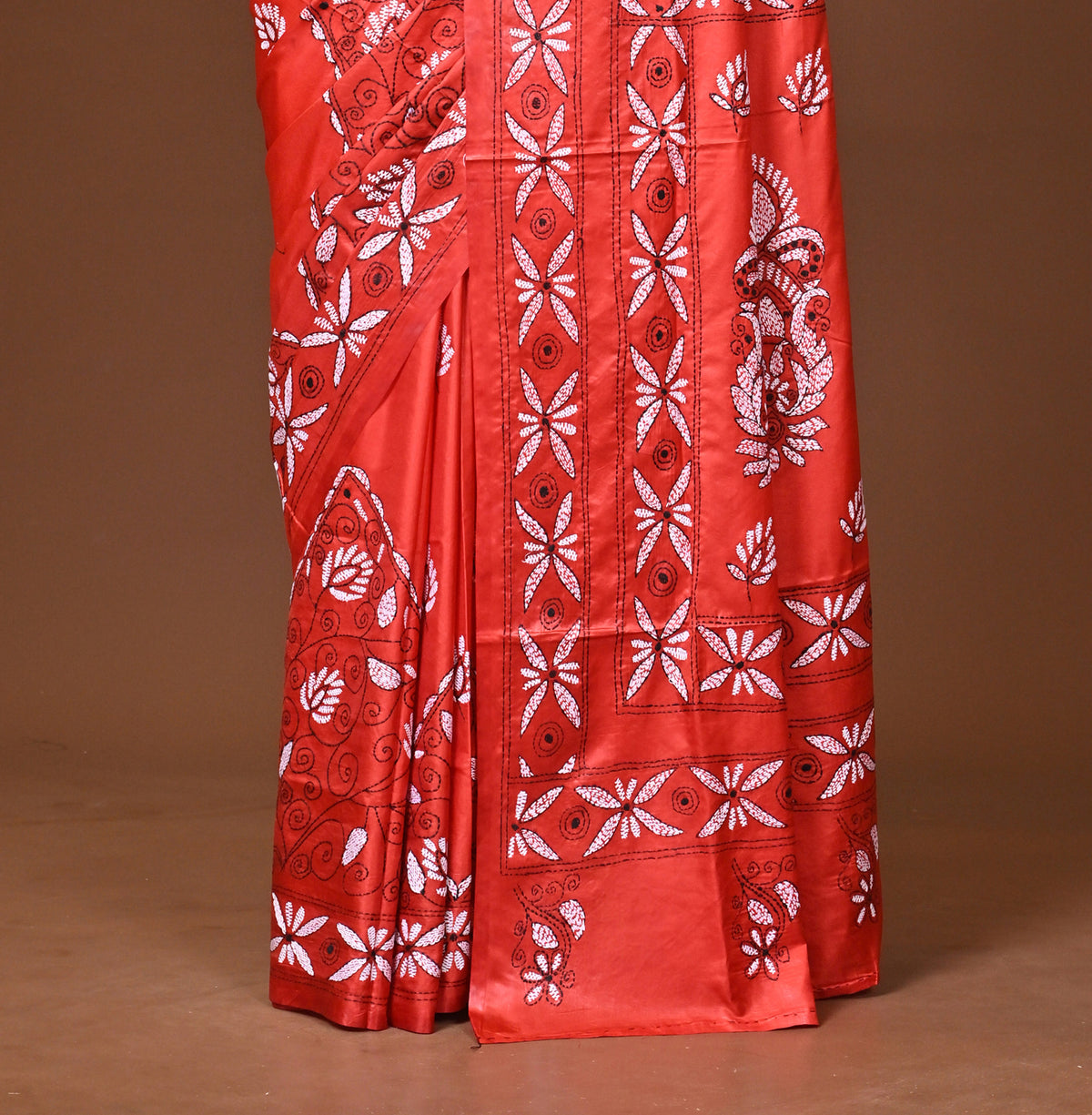 Blended Silk Kantha Stitch Saree Red