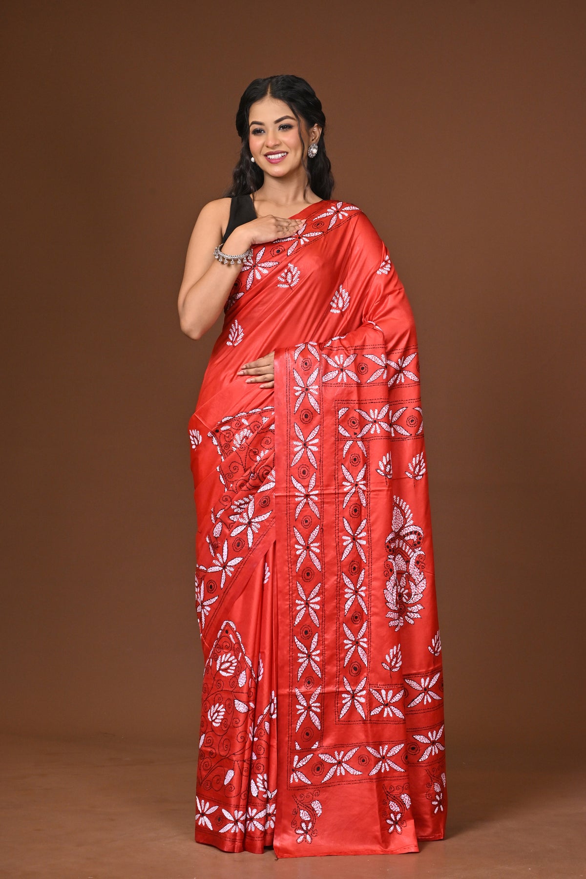 Blended Silk Kantha Stitch Saree Red
