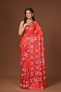 Blended Silk Kantha Stitch Saree Red