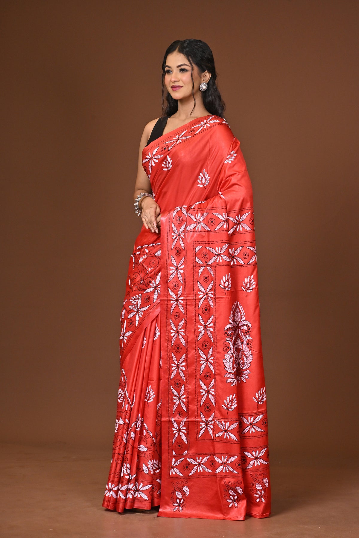 Blended Silk Kantha Stitch Saree Red