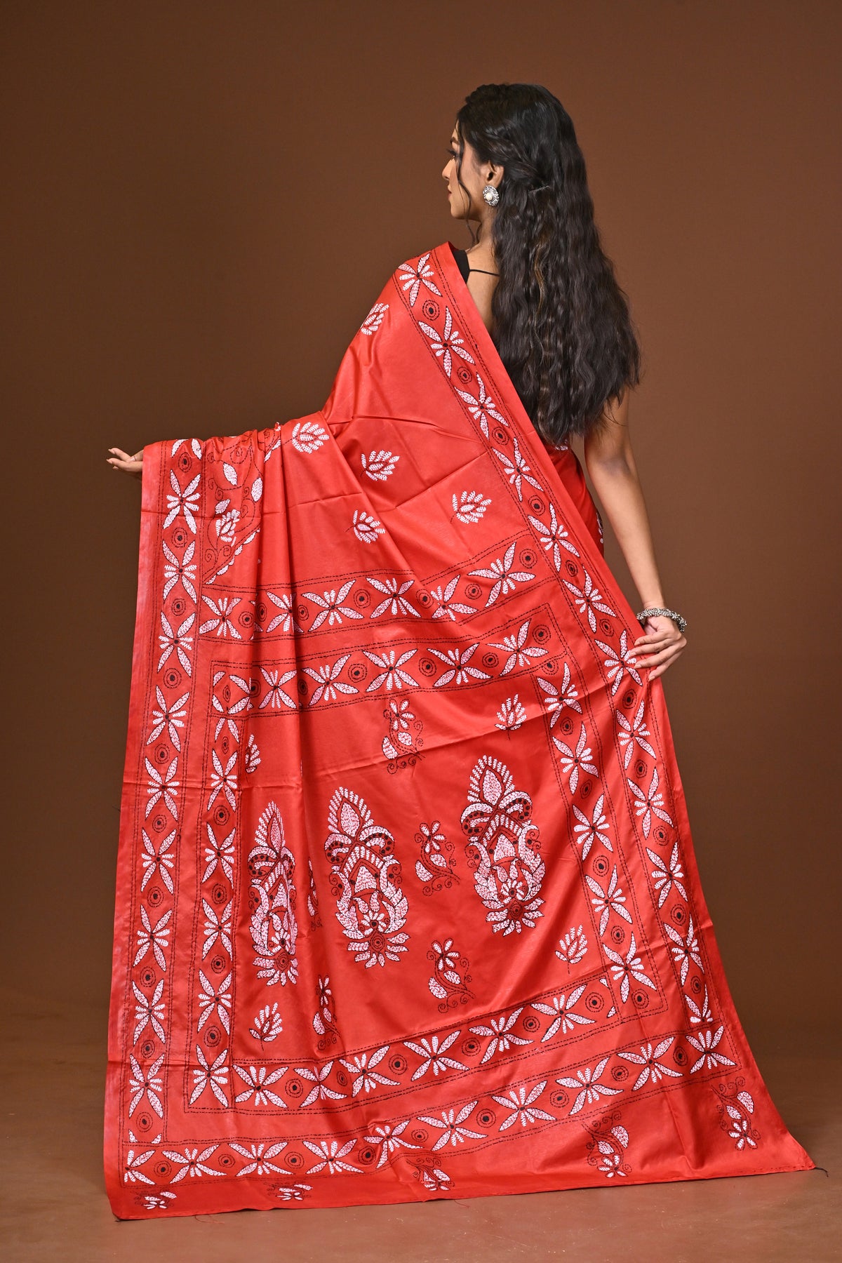 Blended Silk Kantha Stitch Saree Red