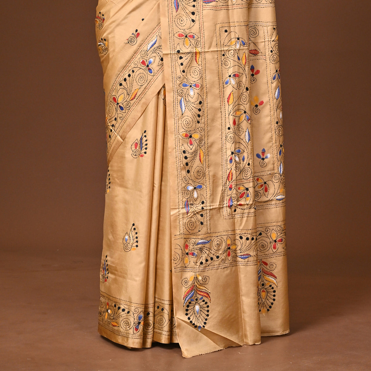 Blended Silk Kantha Stitch Saree Beige