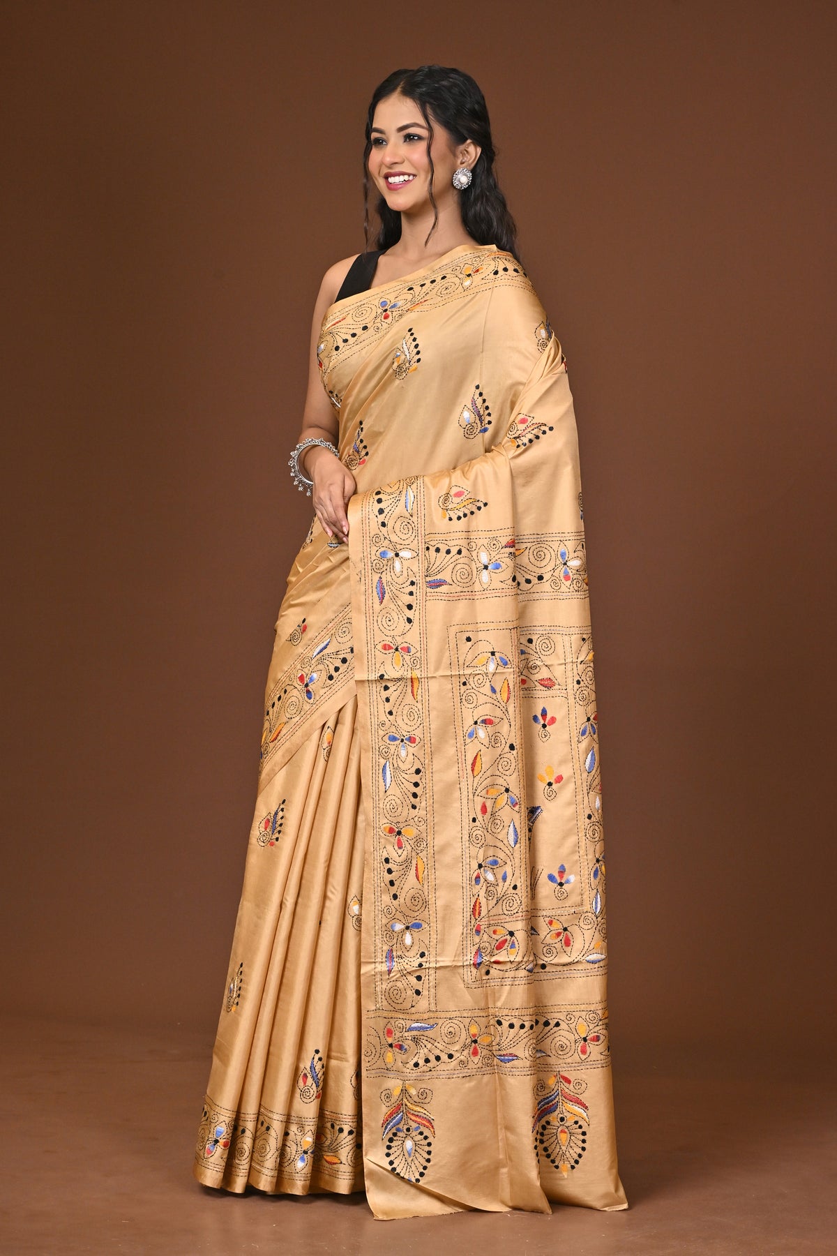 Blended Silk Kantha Stitch Saree Beige