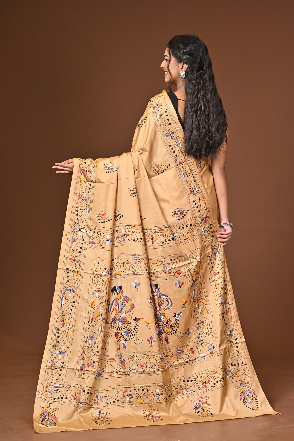 Blended Silk Kantha Stitch Saree Beige