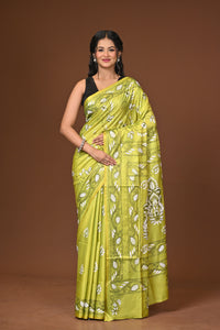 Blended Silk Kantha Stitch Saree Lime Green