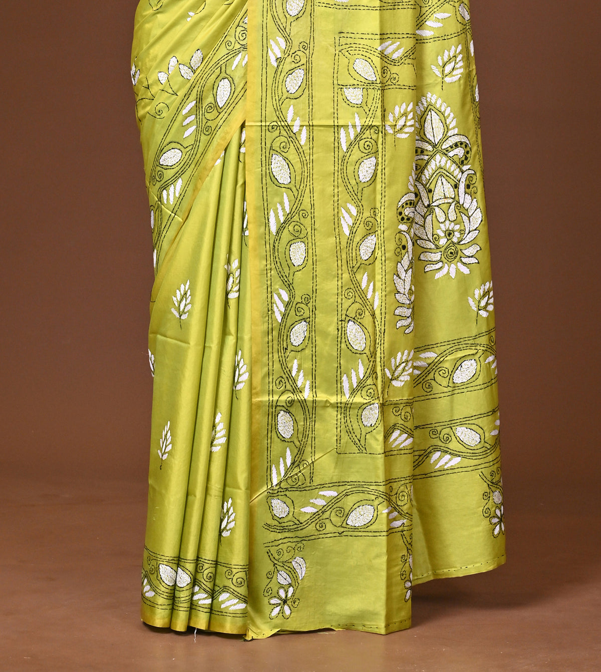 Blended Silk Kantha Stitch Saree Lime Green