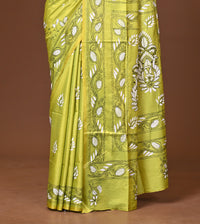Blended Silk Kantha Stitch Saree Lime Green