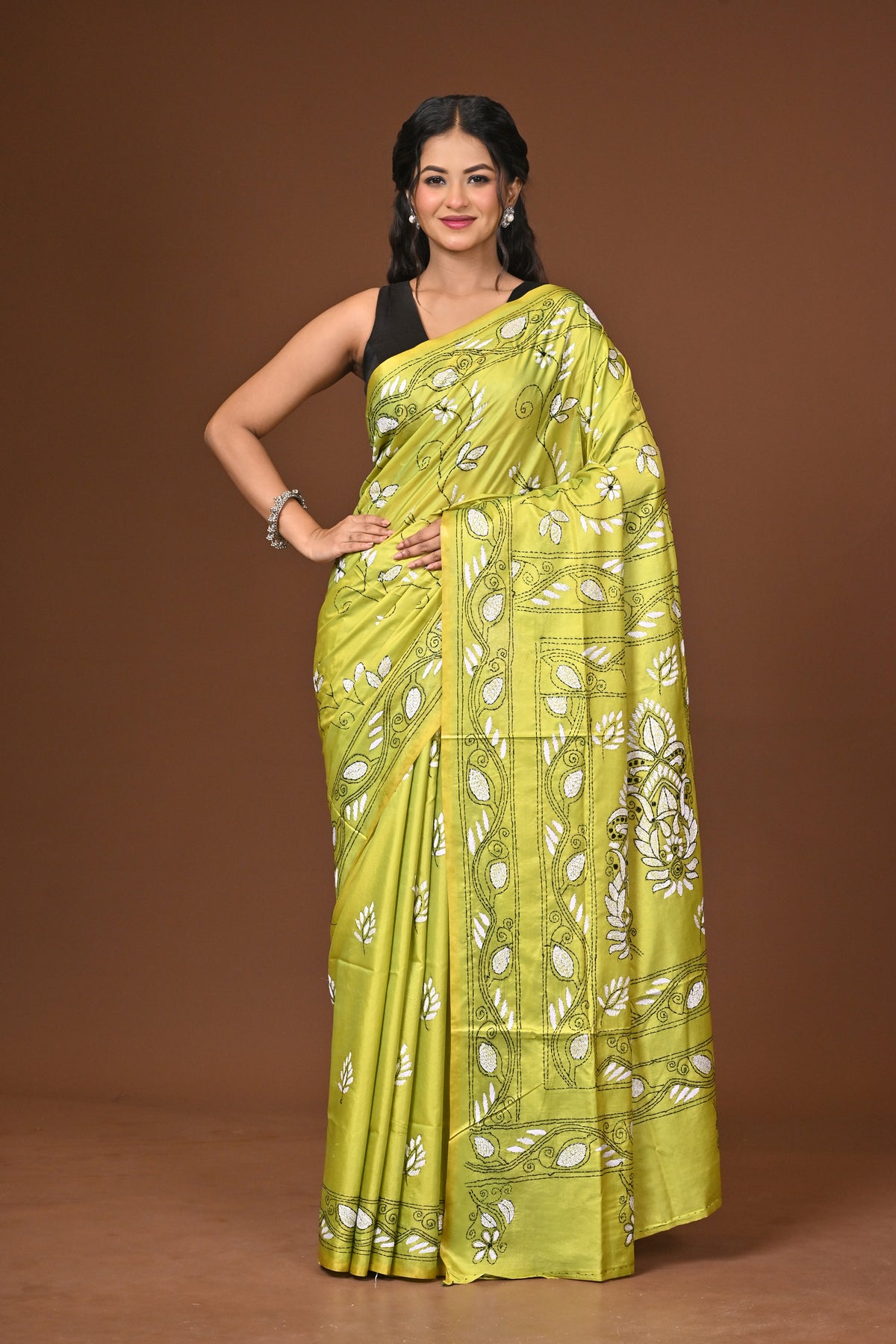 Blended Silk Kantha Stitch Saree Lime Green