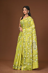 Blended Silk Kantha Stitch Saree Lime Green