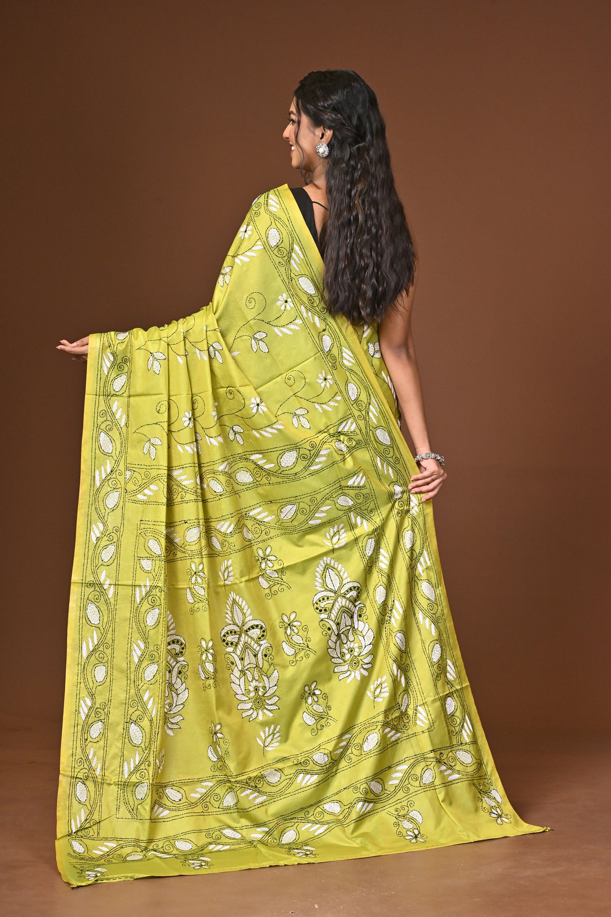 Blended Silk Kantha Stitch Saree Lime Green